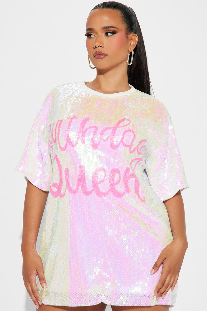 Always The Birthday Queen Sequin Shirt Dress - White