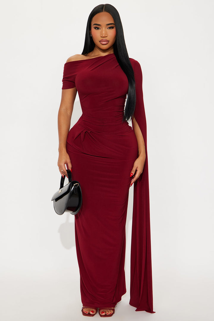 After Thought Asymmetrical Draped Maxi Dress - Wine