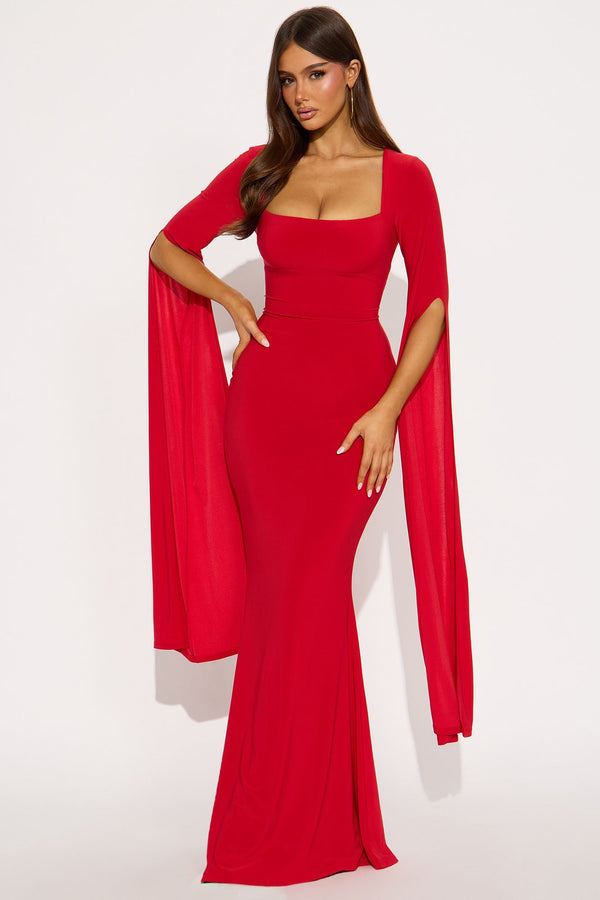 Thinking Rich Cape Maxi Dress - Red
