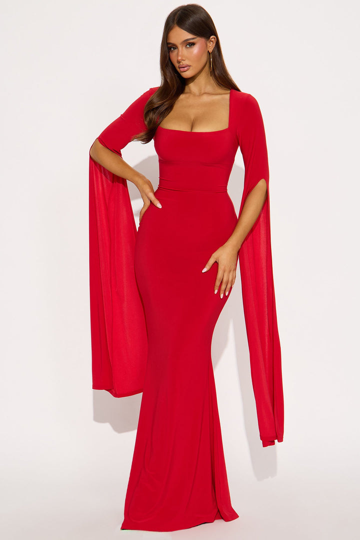 Thinking Rich Cape Maxi Dress - Red