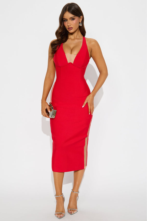 Topic Of Conversation Mesh Bandage Midi Dress - Red