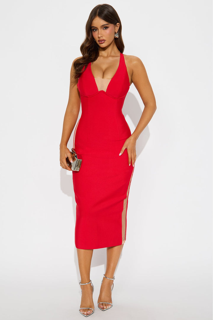 Topic Of Conversation Mesh Bandage Midi Dress - Red