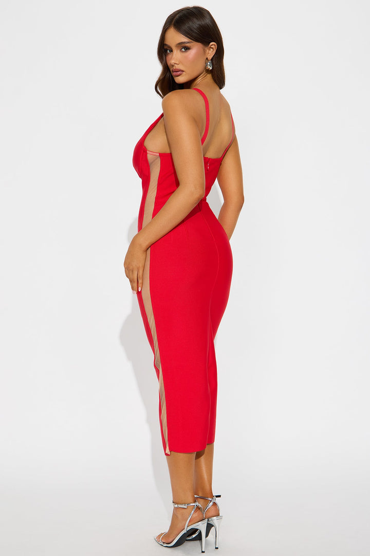 Topic Of Conversation Mesh Bandage Midi Dress - Red