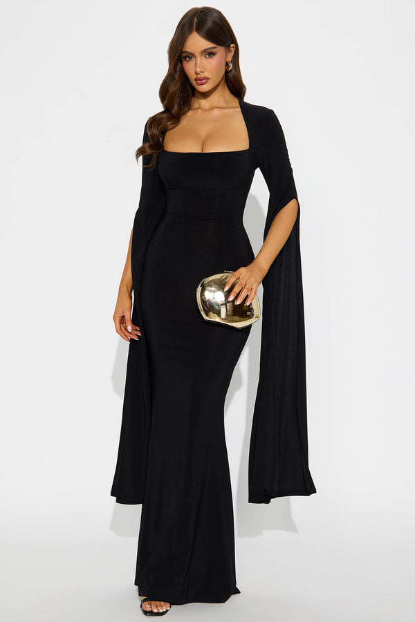 Thinking Rich Cape Maxi Dress - Black