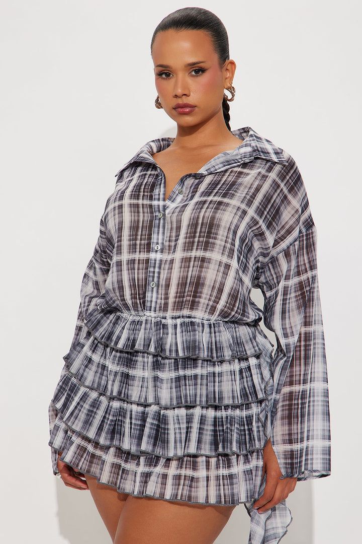 Kenna Plaid Chiffon Mini Dress - Grey