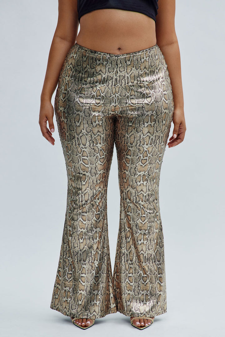 Hard To Get Leopard Sequin Flare Pant - Taupe/combo