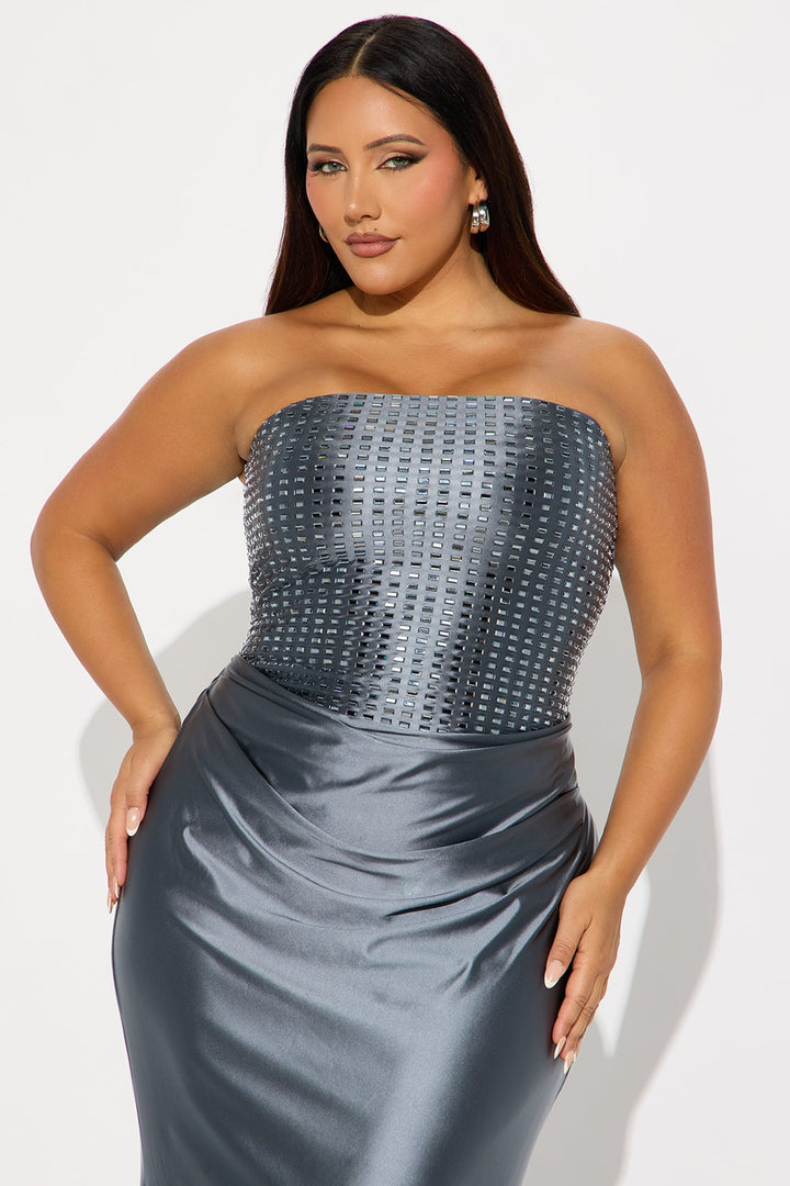 Gia Rhinestone Strapless Gown - Dusty Blue