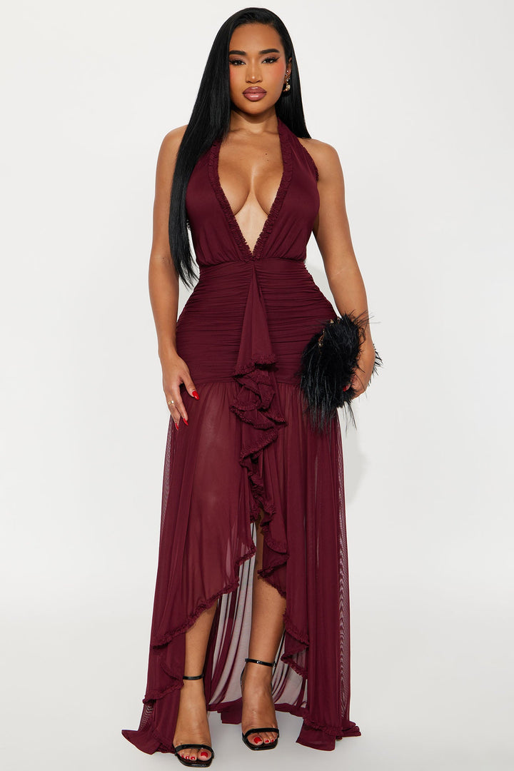 Alessandra Ruched Ruffle Gown - Burgundy