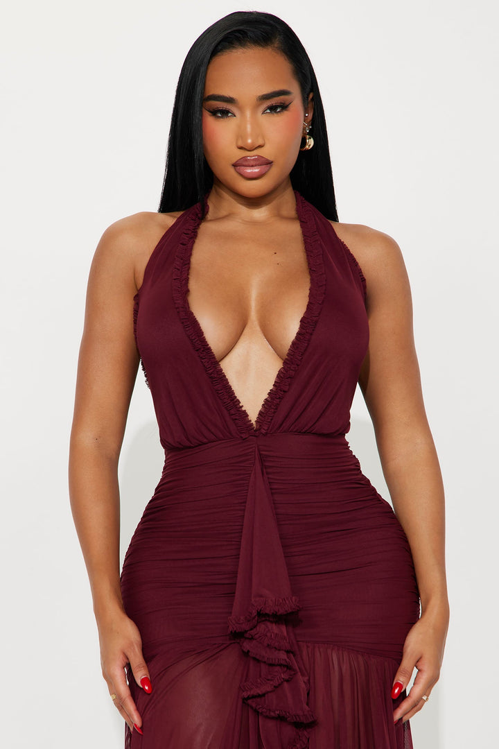 Alessandra Ruched Ruffle Gown - Burgundy