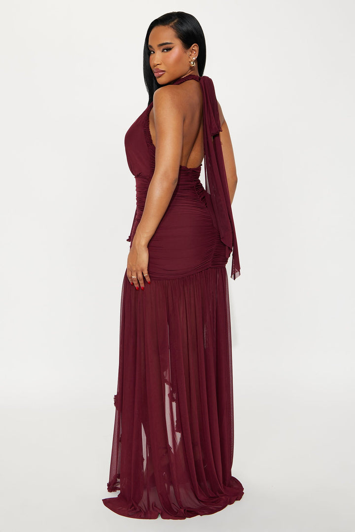 Alessandra Ruched Ruffle Gown - Burgundy