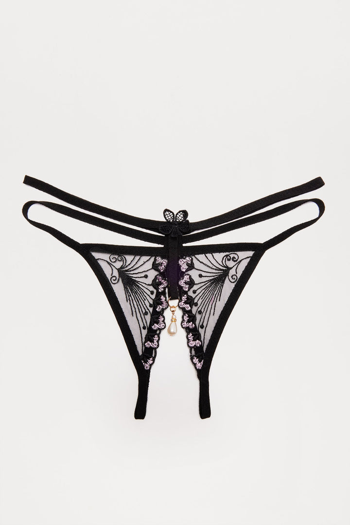 Halie Lace Crotchless Thong Panty - Black