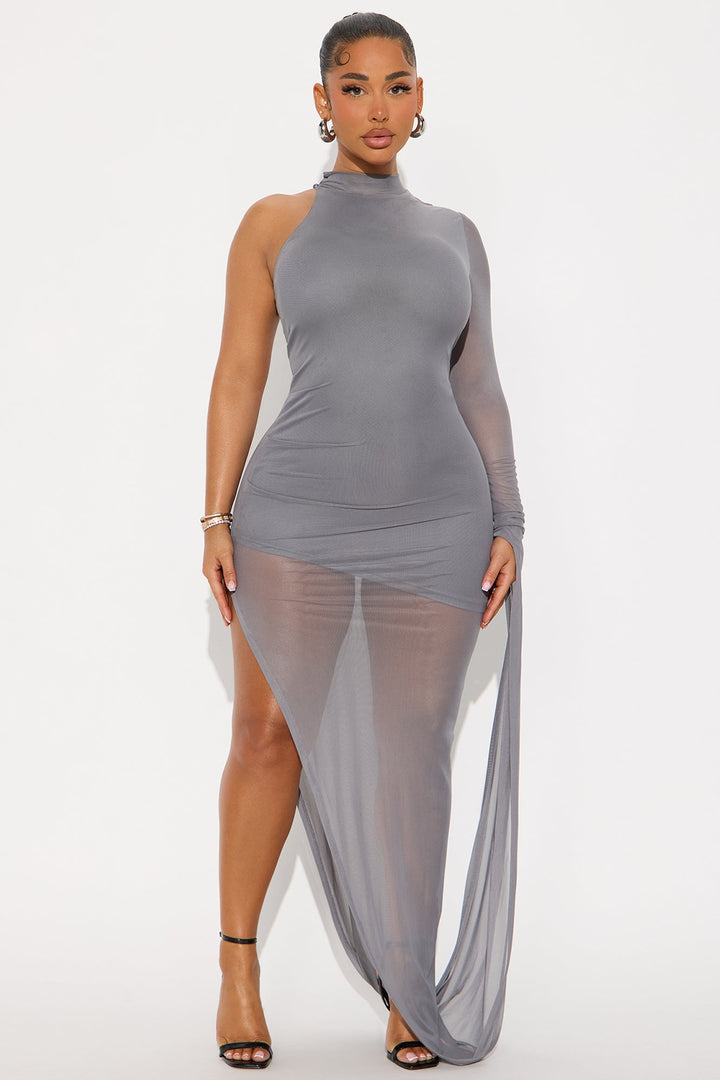 Nyla Draped Mesh Maxi Dress - Charcoal