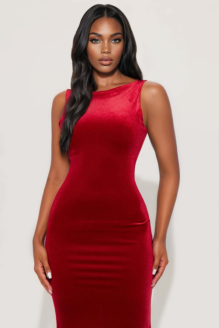 Veronica Velvet Open Back Midi Dress - Wine