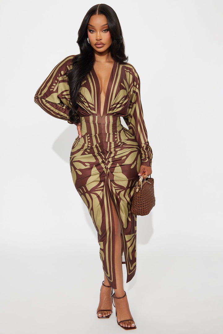 Revive Long Sleeve Midi Dress - Brown/combo