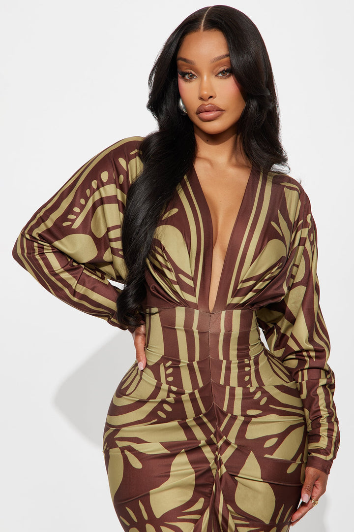 Revive Long Sleeve Midi Dress - Brown/combo