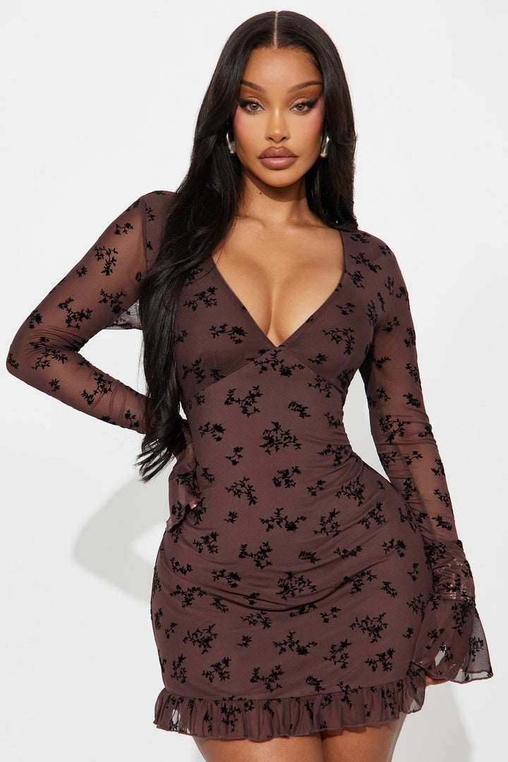 Juliet Flocked Long Sleeve Mini Dress - Chocolate