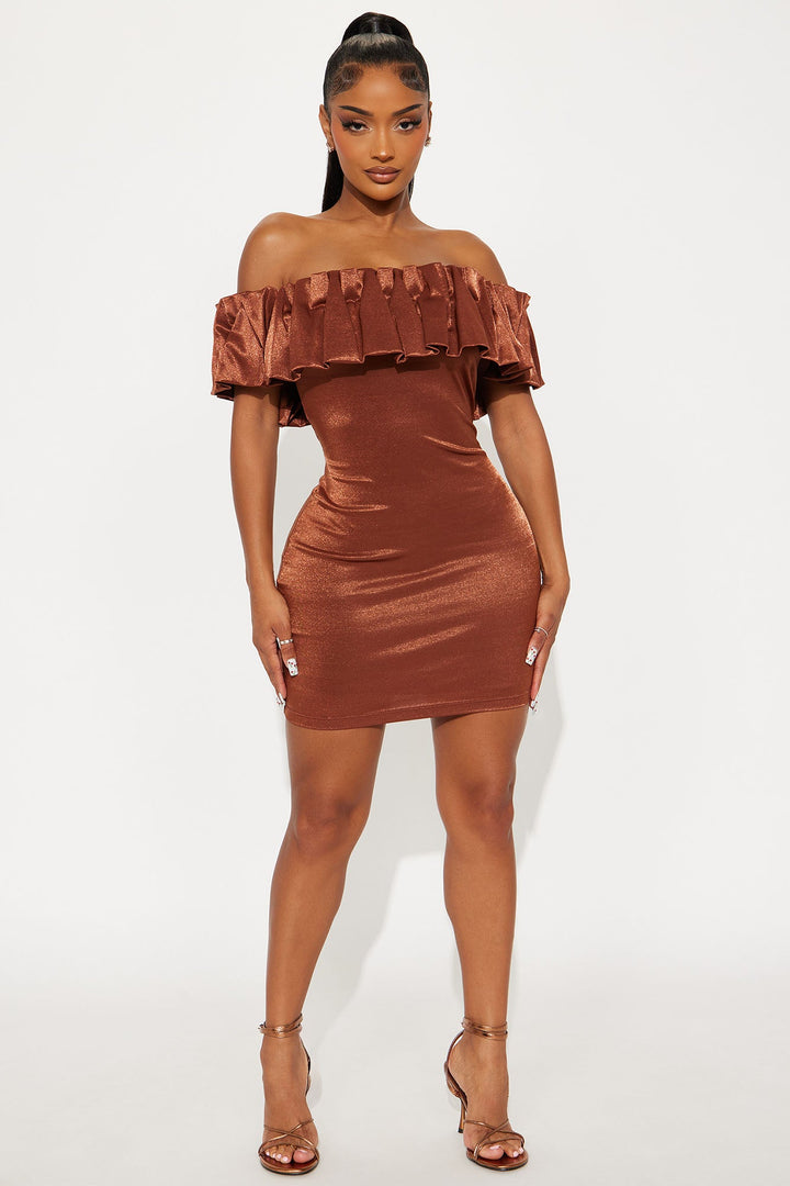 Alessia Off Shoulder Ruffle Mini Dress - Brown