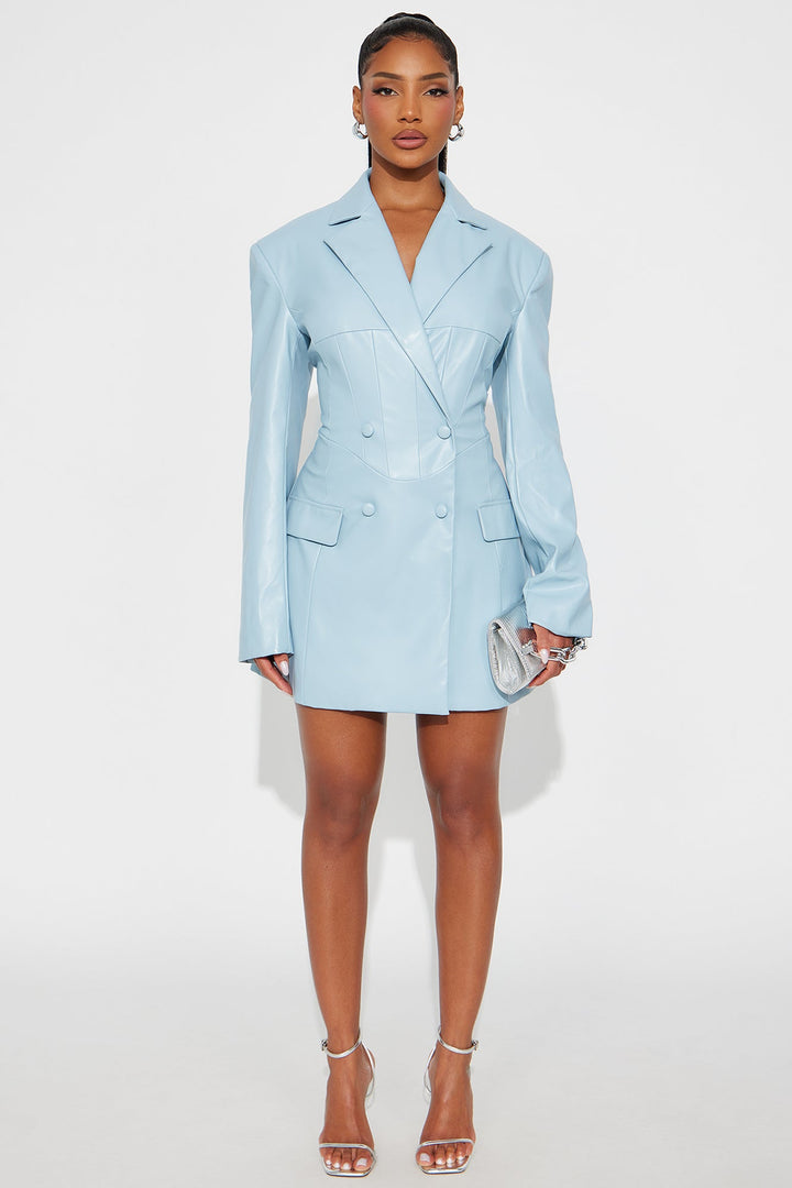 Power Play Faux Leather Blazer Mini Dress - Blue