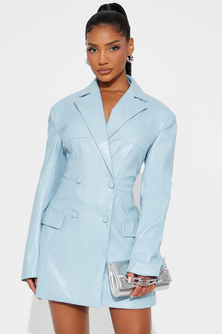 Power Play Faux Leather Blazer Mini Dress - Blue