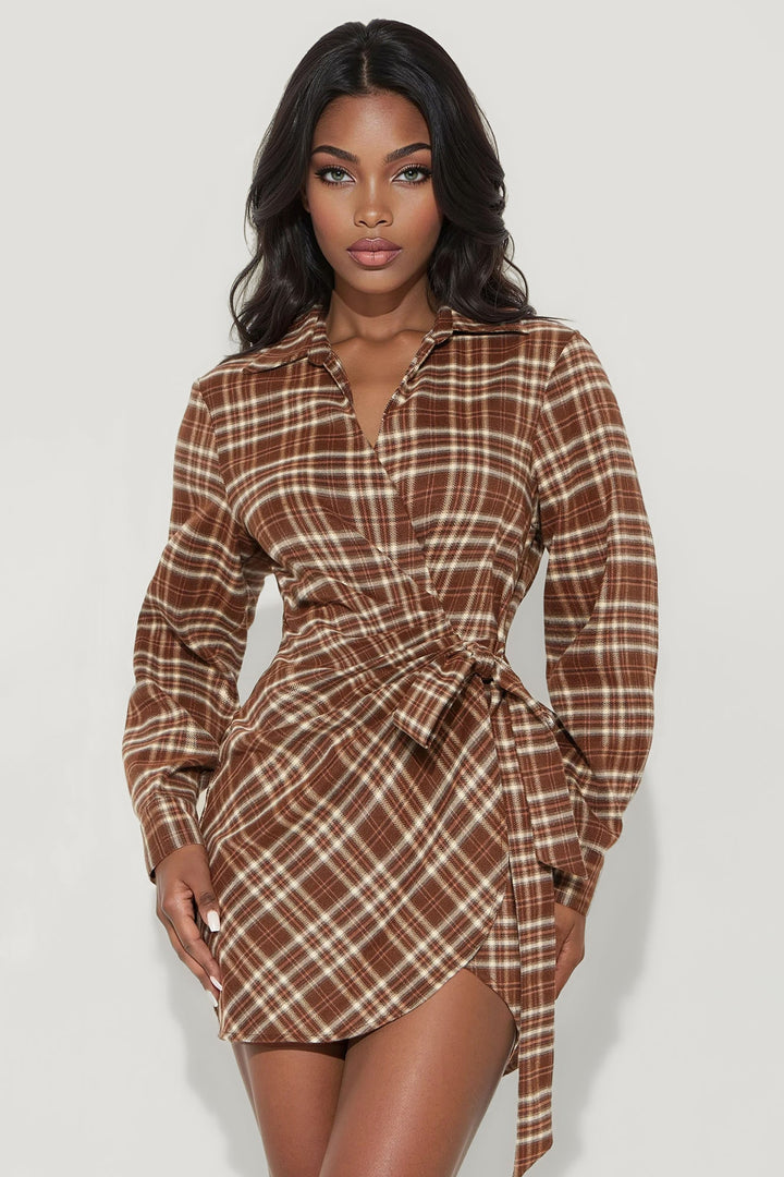 Tamara Tie Front Flannel Mini Dress - Brown Combo