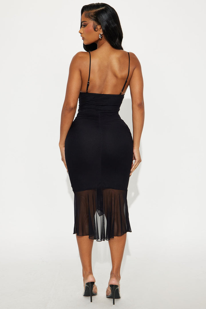 Mine Tonight Ruched Mesh Midi Dress - Black