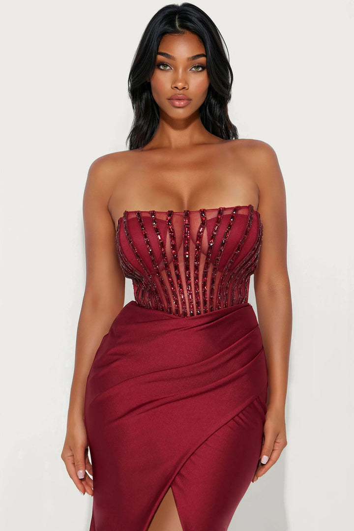 Slow Dance Embellished Corset Gown - Wine