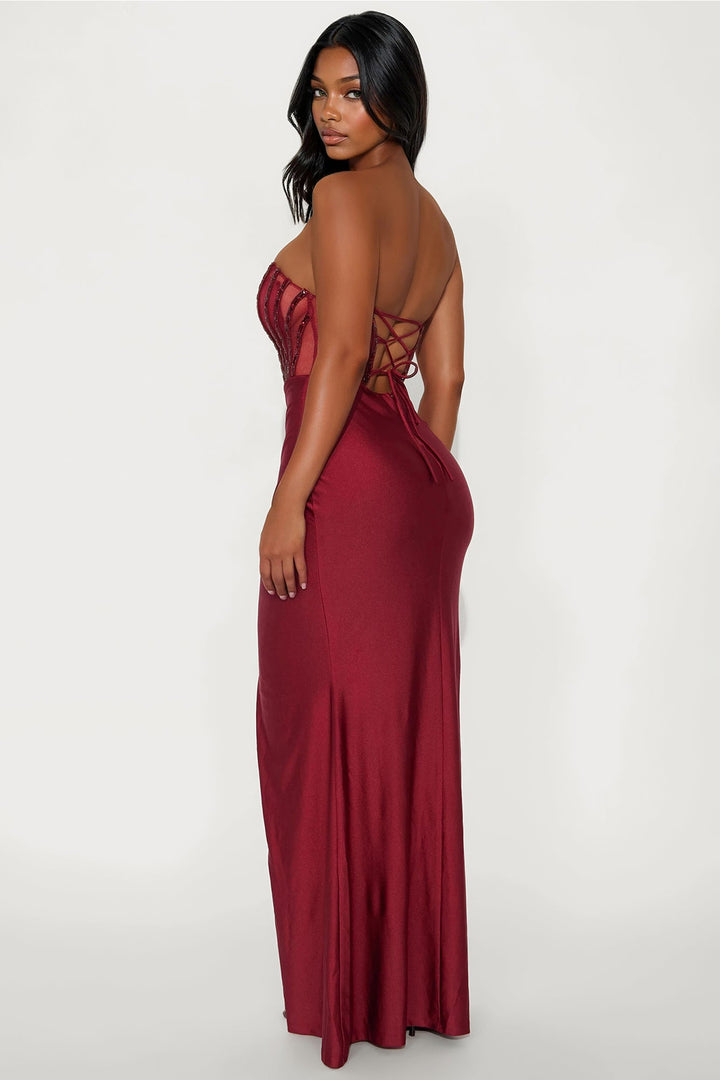 Slow Dance Embellished Corset Gown - Wine