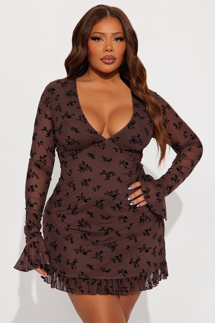 Juliet Flocked Long Sleeve Mini Dress - Chocolate