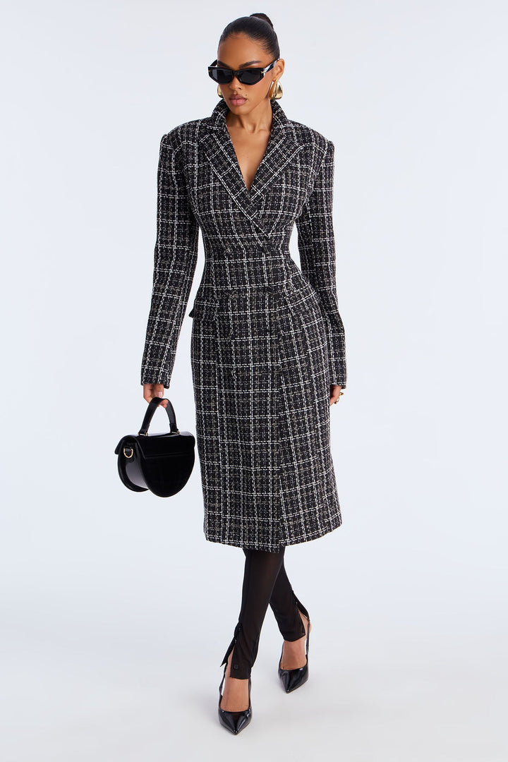 Trisha Button Up Tweed Midi Dress - Black