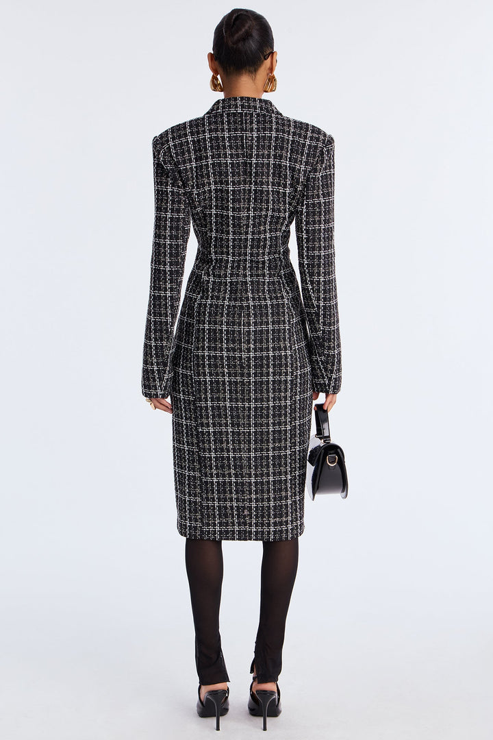 Trisha Button Up Tweed Midi Dress - Black