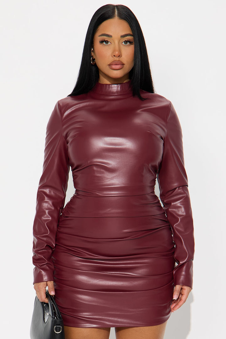 Kiara Ruched Faux Leather Mini Dress - Wine
