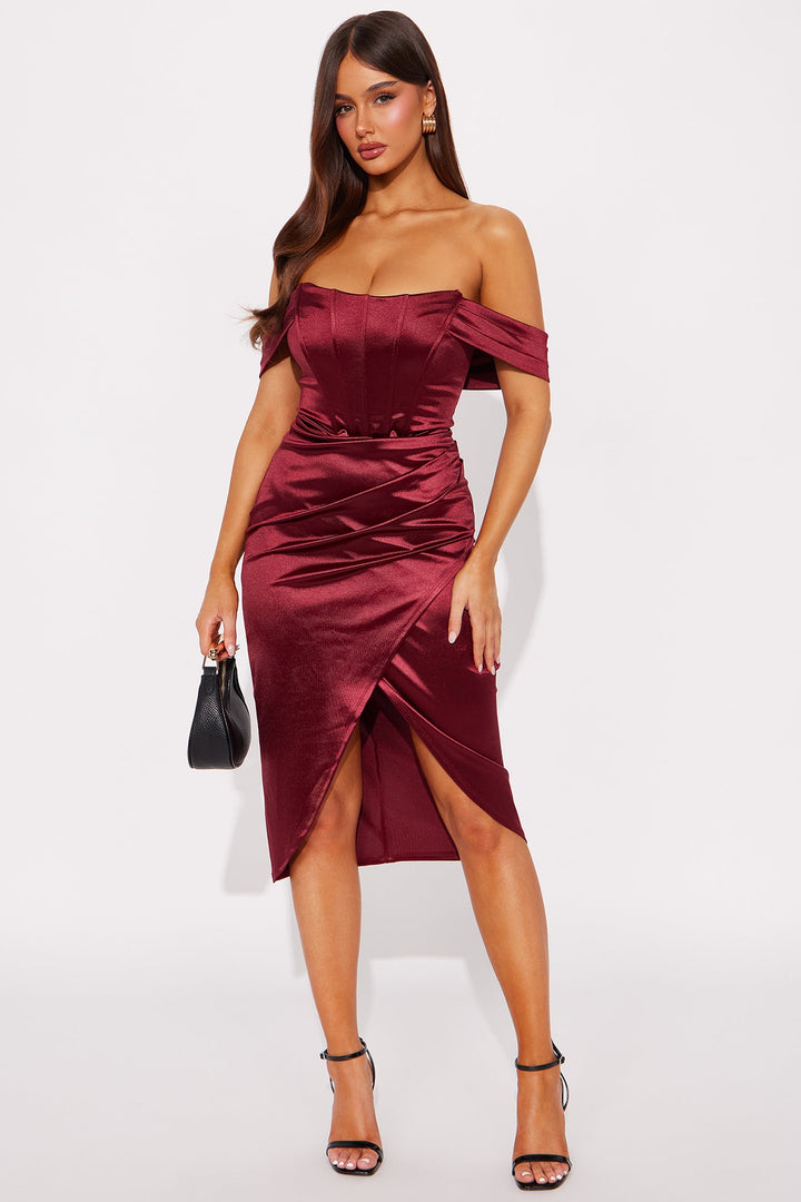 Raegan Satin Corset Midi Dress - Wine