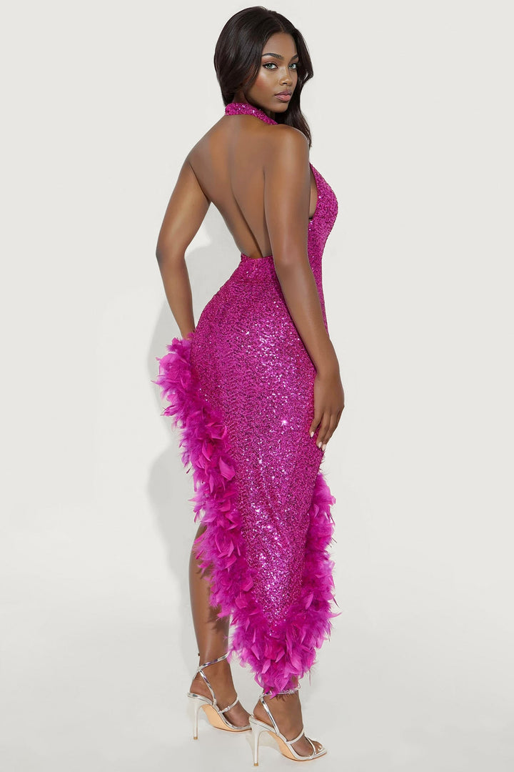 Leila Sequin Feather Gown - Fuchsia