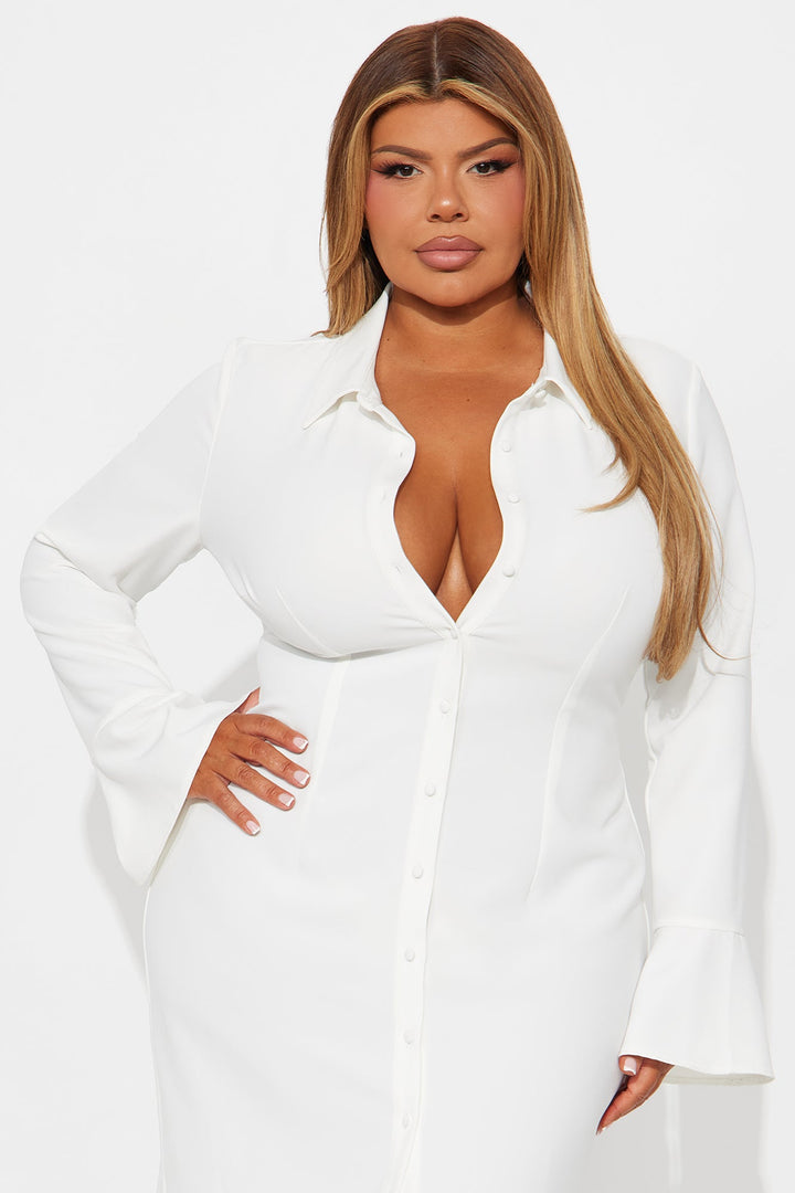 She Means Business Shirt Midi Dress - White