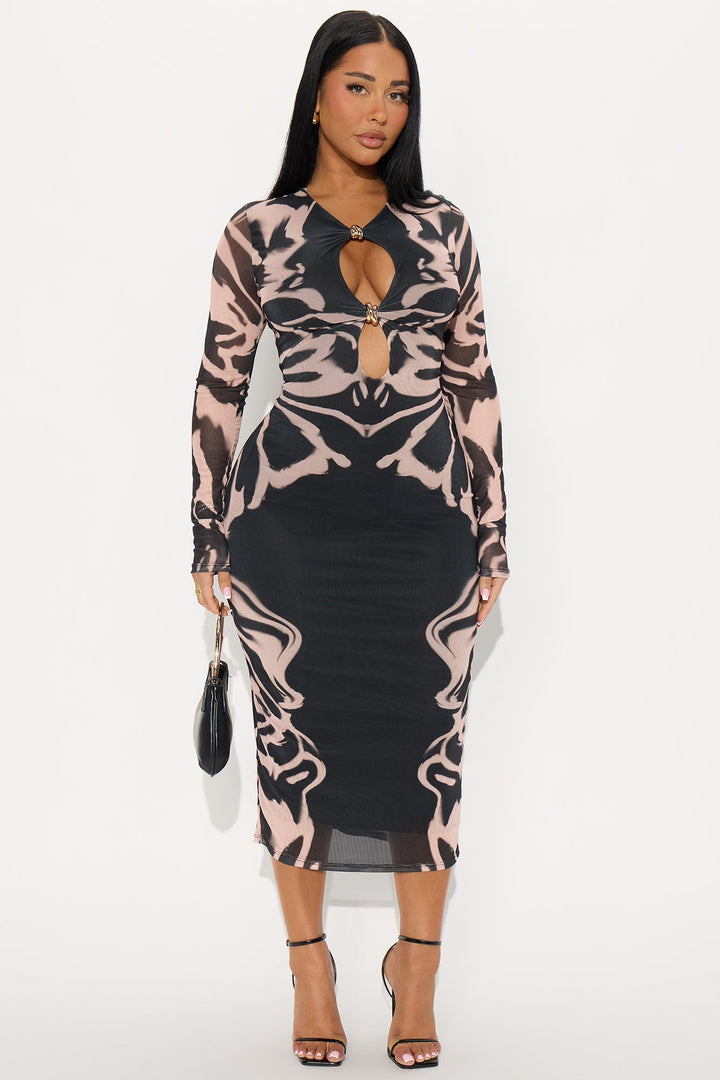 Affectionately Me Abstract Long Sleeve Midi Dress - Black/combo
