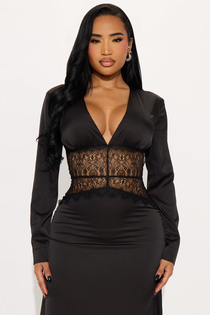 Tempting You Backless Satin Maxi Dress - Black