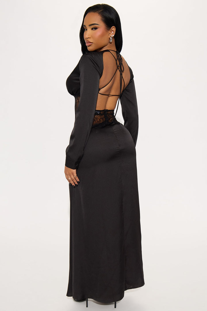 Tempting You Backless Satin Maxi Dress - Black