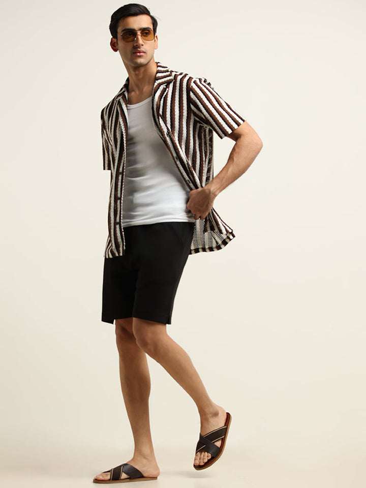 WES Lounge Solid Black Cotton-Blend Shorts