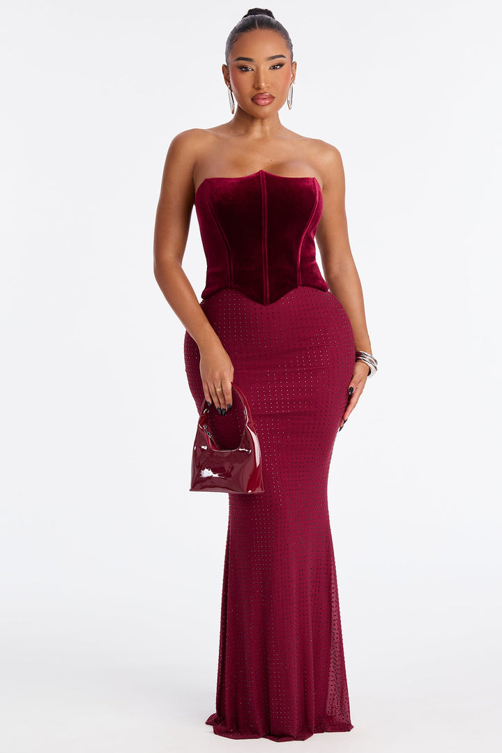 Keep Guessing Velvet Corset Maxi Gown - Burgundy