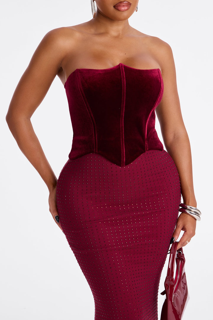 Keep Guessing Velvet Corset Maxi Gown - Burgundy