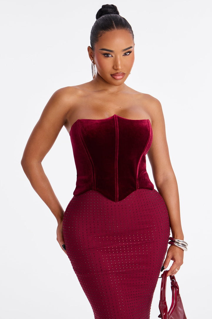 Keep Guessing Velvet Corset Maxi Gown - Burgundy