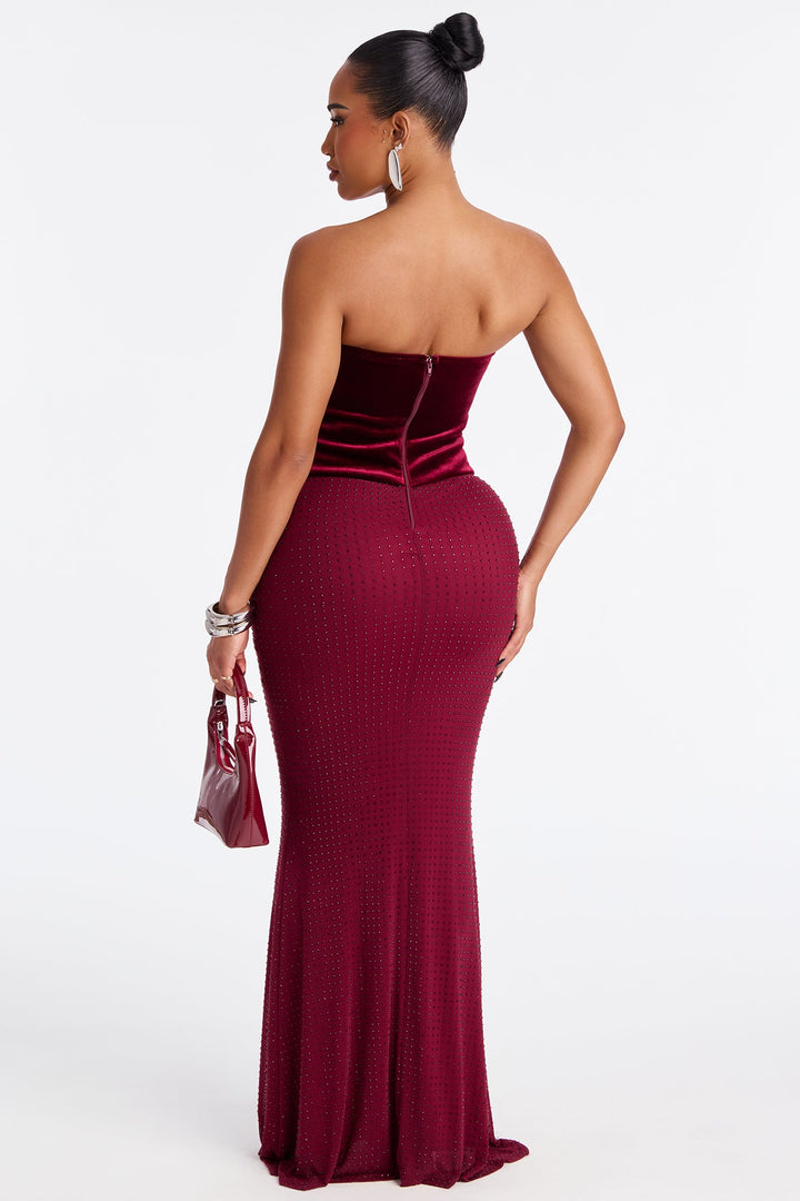 Keep Guessing Velvet Corset Maxi Gown - Burgundy