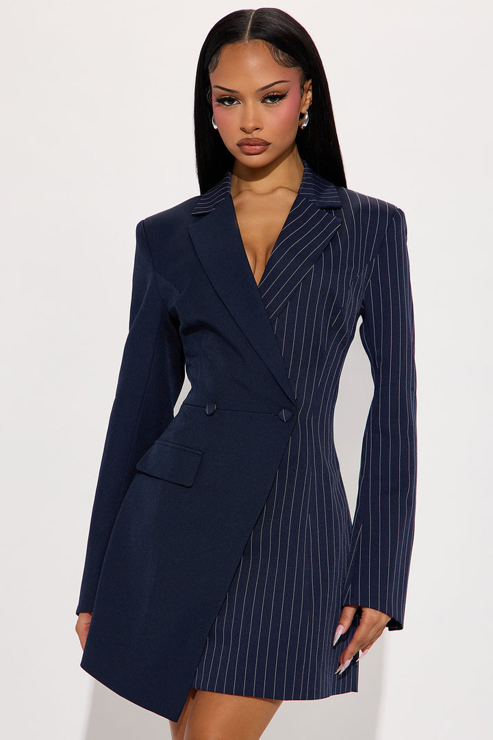 Split Decision Pinstripe Blazer Mini Dress - Navy