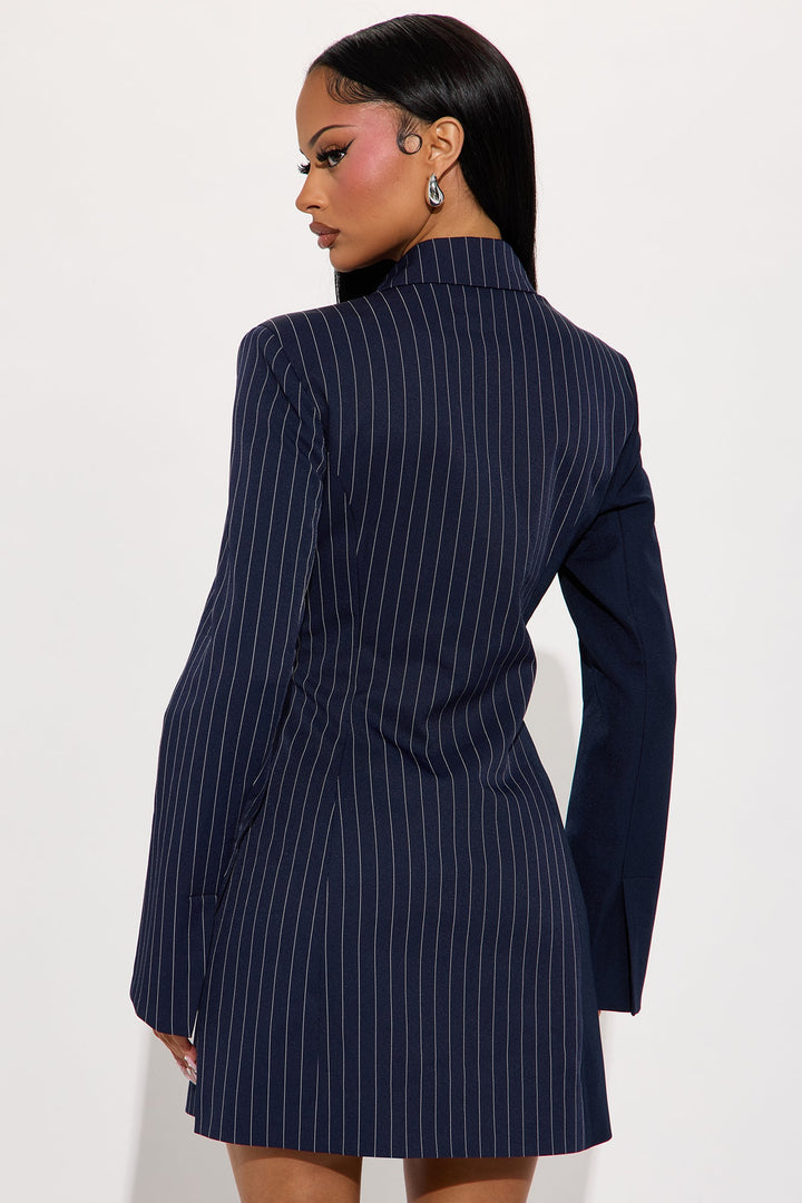 Split Decision Pinstripe Blazer Mini Dress - Navy