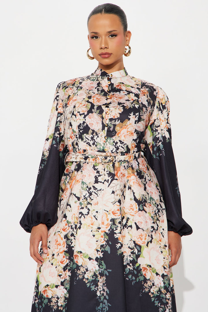 Adah Floral Belted Midi Dress - Black