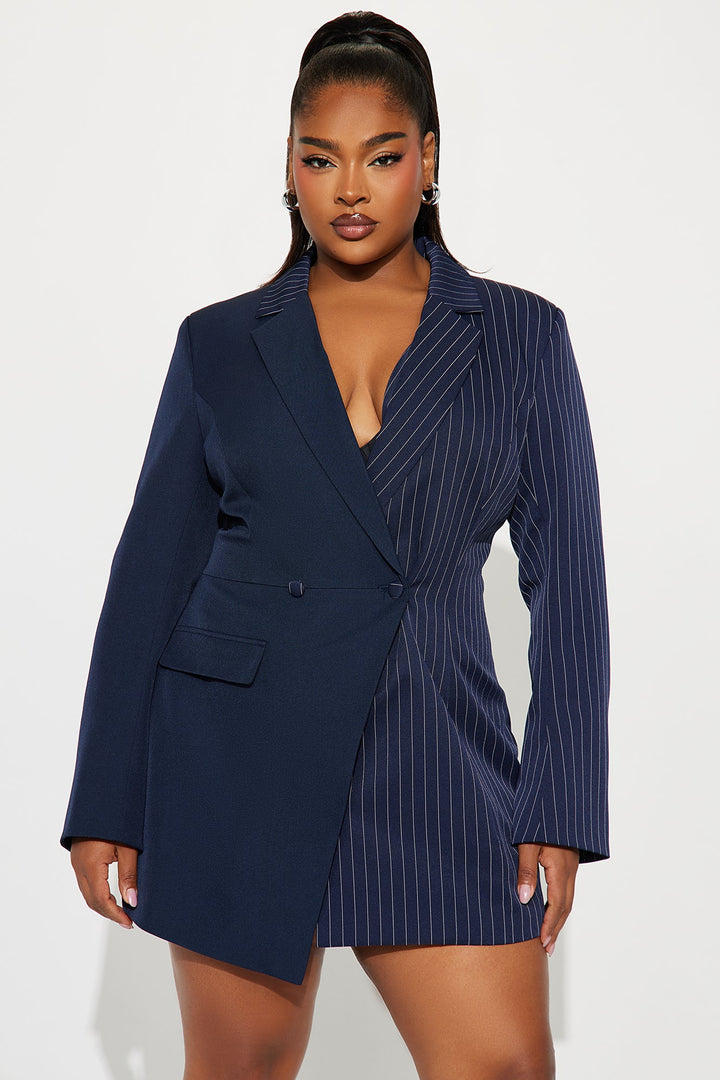 Split Decision Pinstripe Blazer Mini Dress - Navy