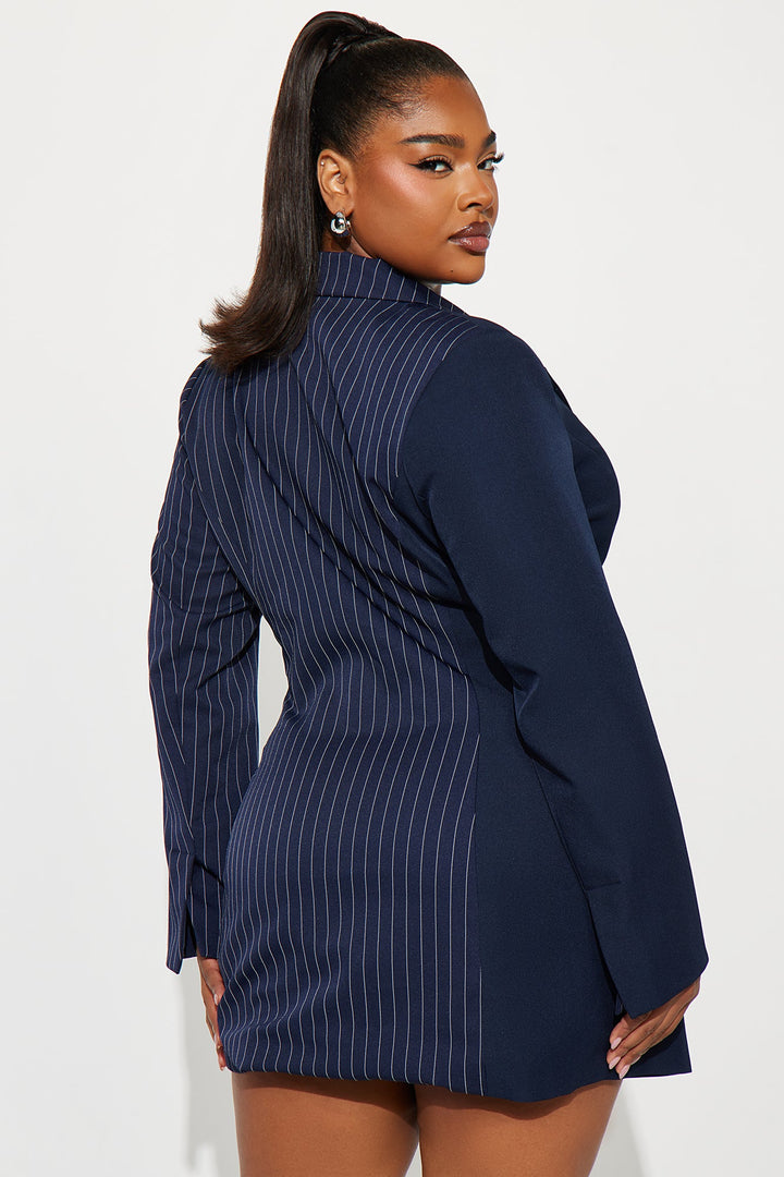 Split Decision Pinstripe Blazer Mini Dress - Navy