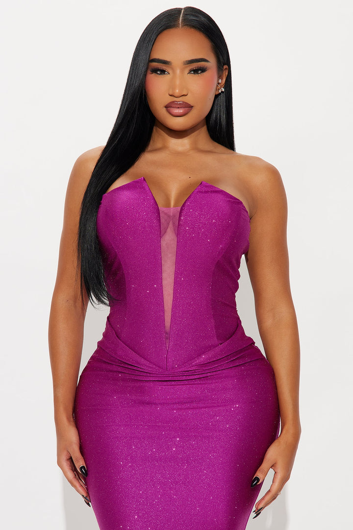 Glittering Drama Deep V Neck Gown - Magenta