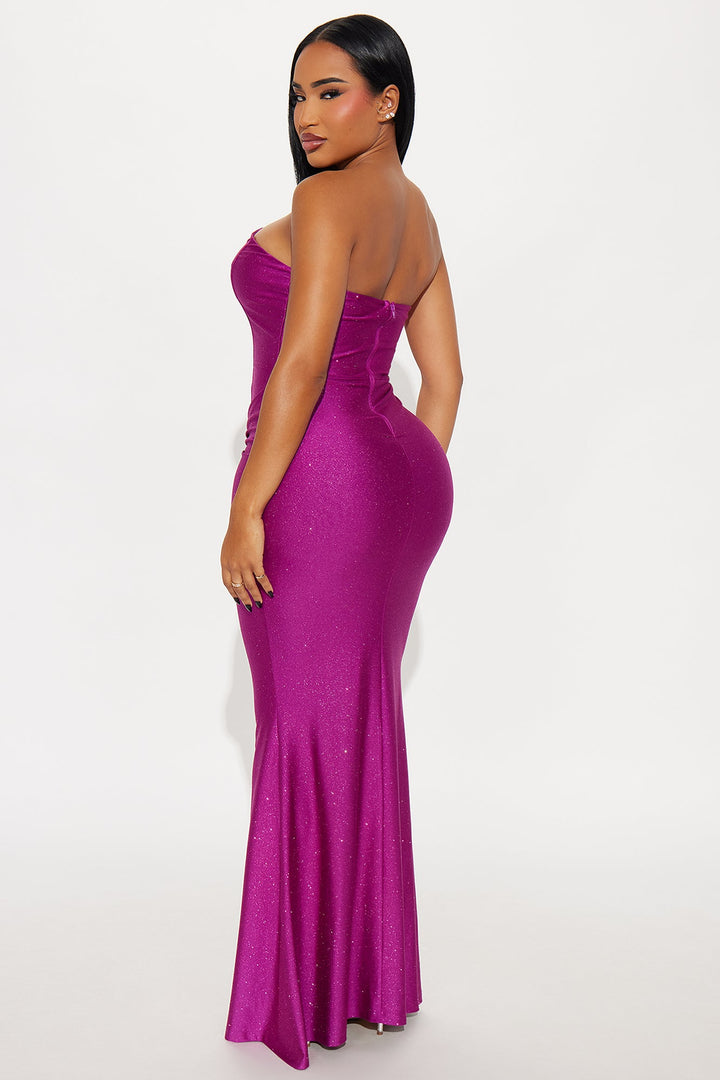 Glittering Drama Deep V Neck Gown - Magenta