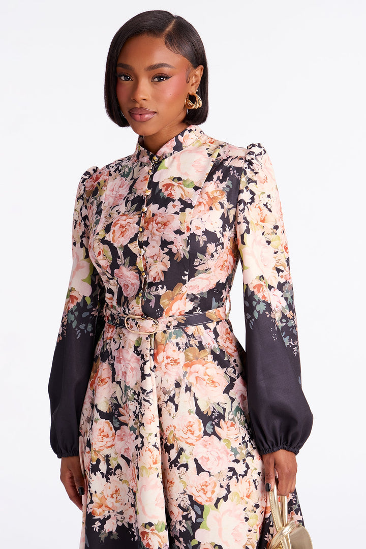 Adah Floral Belted Midi Dress - Black